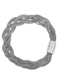 Bracciale in metallo argentato con design intrecciato, texture liscia e chiusura cilindrica con marchio inciso.