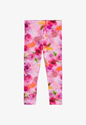Leggings para niñas con un patrón floral colorido en tonos rosa y naranja sobre un fondo blanco, mostrados planos sin pliegues ni arrugas.