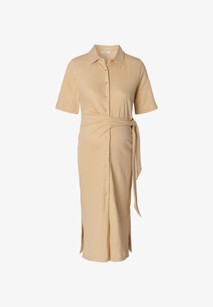 Beige Hemdblusenkleid mit kurzen Ärmeln, strukturiertem Stoff, Taillengürtel und seitlichen Schlitzen für angenehme Bewegungsfreiheit.