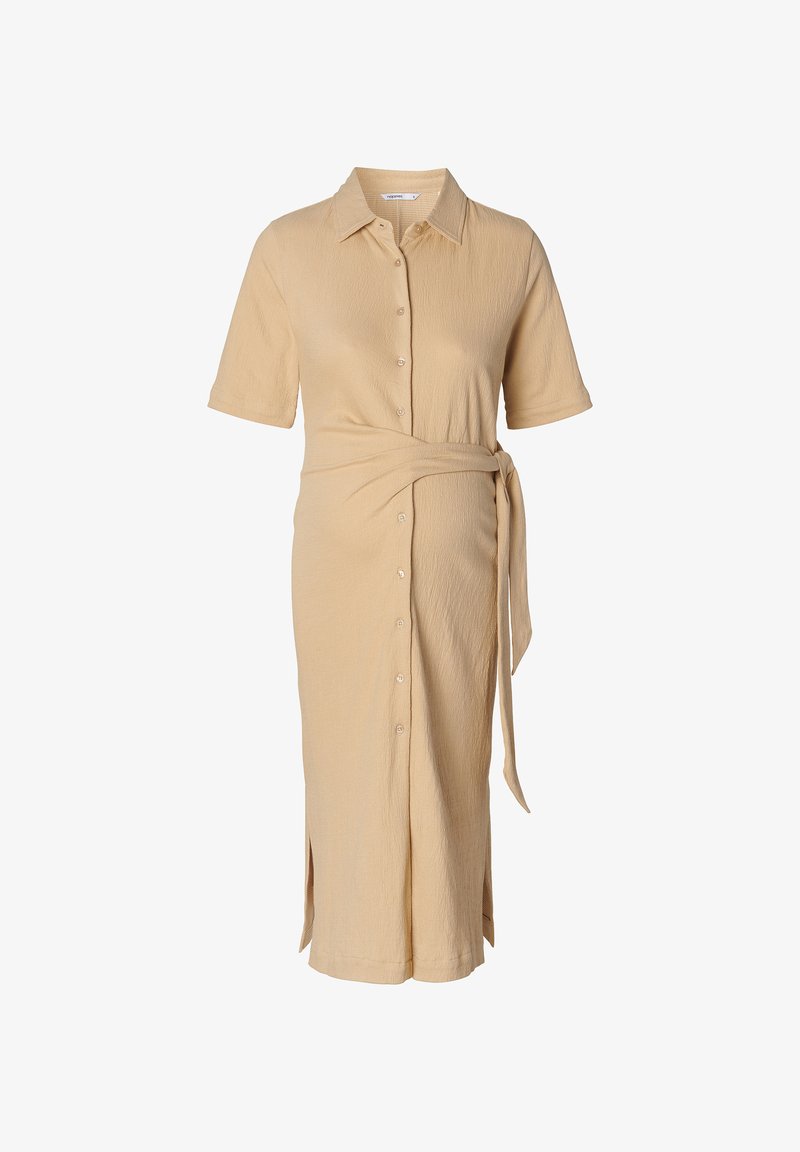 Beige skjortklänning med korta ärmar, strukturerad tyg, midjeband och sidoklipp för enkel rörelse.