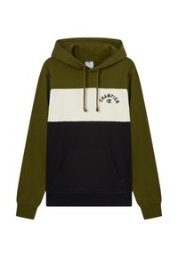 Hoodie w kolorach oliwkowym, białym i czarnym w blokach kolorystycznych. Posiada przednią kieszeń, regulowany kaptur ze sznurkiem oraz logo "Champion" na piersi.