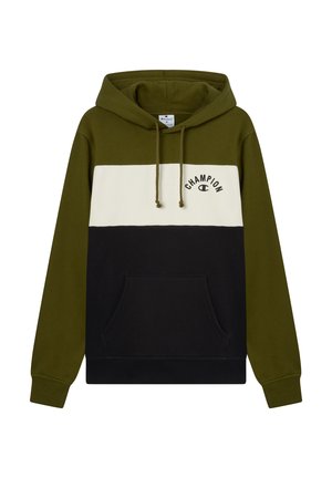 Olivgrüner, weißer und schwarzer color-blocked Kapuzenpullover. Verfügt über eine Vordertasche, eine verstellbare Kordelzugkapuze und das "Champion"-Logo auf der Brust.