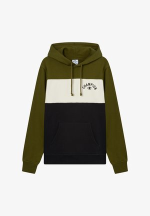 Olivgrüner, weißer und schwarzer color-blocked Kapuzenpullover. Verfügt über eine Vordertasche, eine verstellbare Kordelzugkapuze und das "Champion"-Logo auf der Brust.