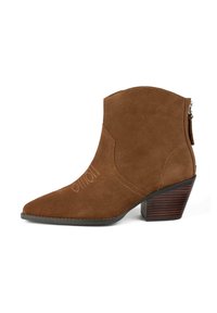 Stivaletto in suede marrone con punta affusolata, dettagli ricamati e tacco impilato. Cerniera laterale per una facile indossabilità. La texture appare morbida.