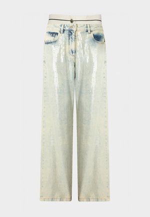 Light-wash wide-leg jeans with silver sequined vertical stripes, two front pockets, belt loops, and double-button closure.