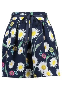 Navy floral shorts featuring daisies and colorful flowers in white, yellow, and pink. Includes a waistband with a bow tie detail.