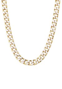 Guldfarvet kædelykke med skiftevis hvide emaljelink, rund form med en struktureret design. Glat og skinnende overflade.