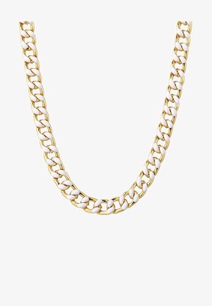 Guldfarvet kædelykke med skiftevis hvide emaljelink, rund form med en struktureret design. Glat og skinnende overflade.