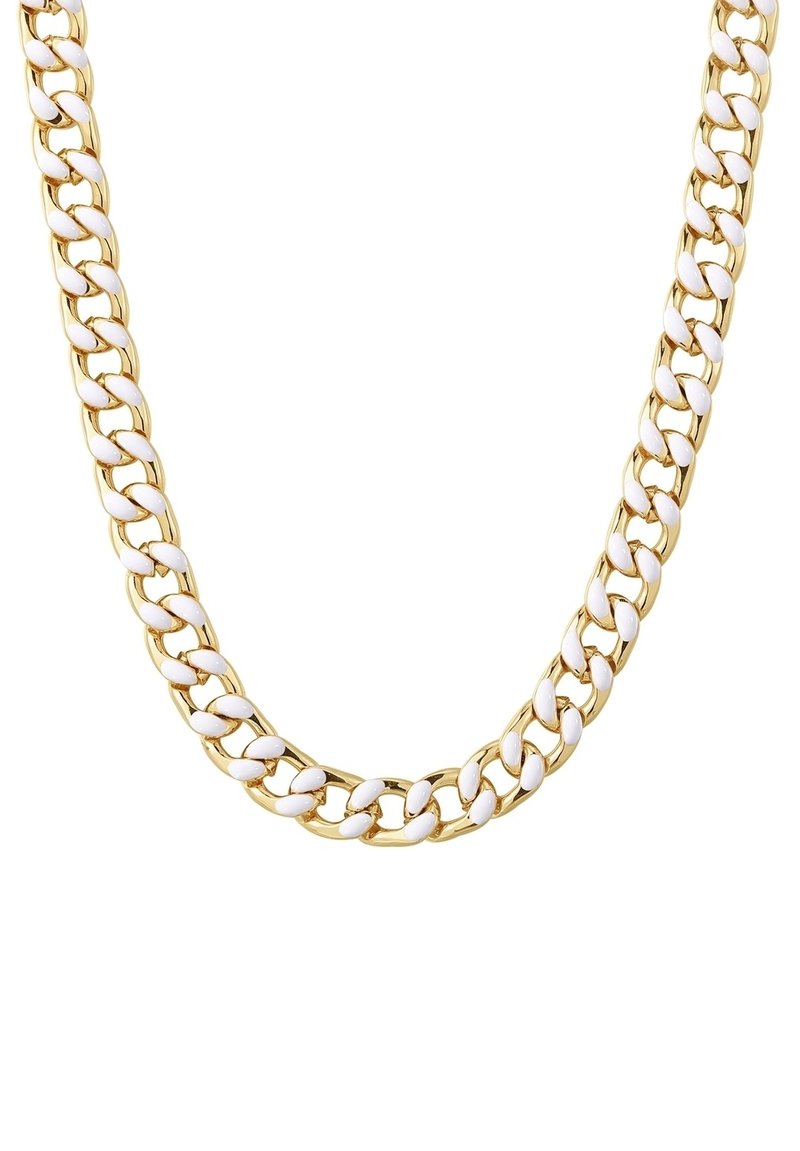 Guldfarvet kædelykke med skiftevis hvide emaljelink, rund form med en struktureret design. Glat og skinnende overflade.