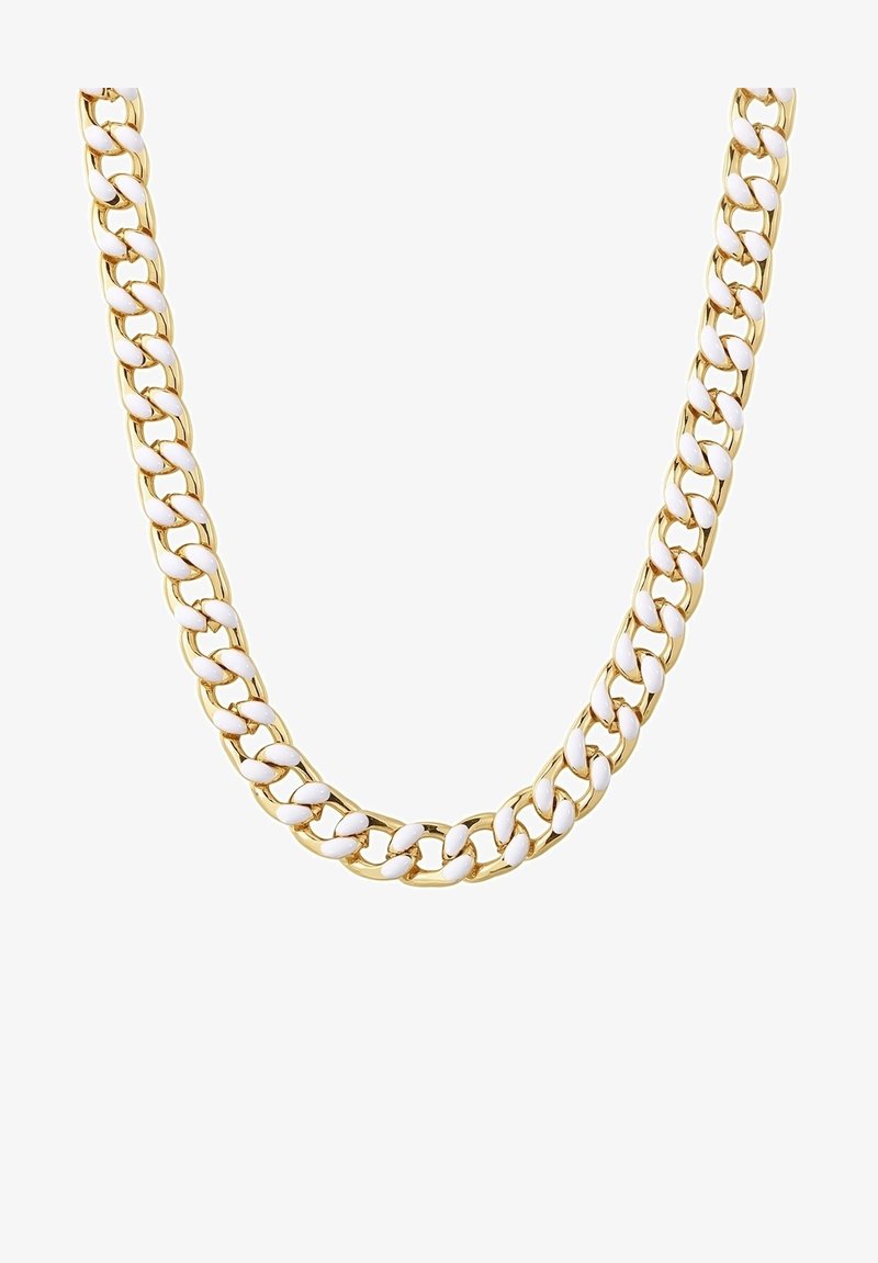 Guldfarvet kædelykke med skiftevis hvide emaljelink, rund form med en struktureret design. Glat og skinnende overflade.