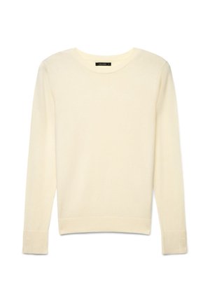 Maglione crema a manica lunga con collo a giro e polsini e orlo a coste, mostrato disteso su sfondo bianco.