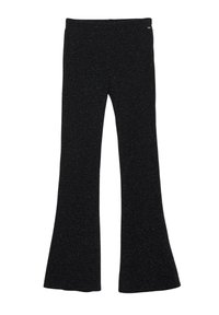 Fekete harangszárú nadrág texturált, csillogó anyagból. Fitted derékrésszel rendelkezik, és a térdtől lefelé szélesedik. Nem látható fémrész.