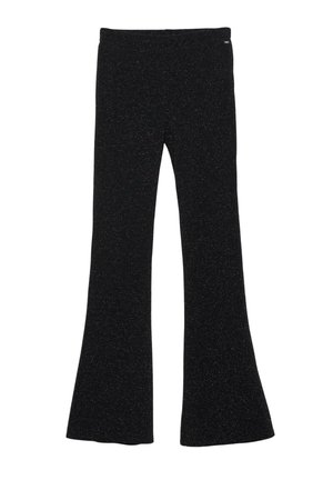 Pantaloni negri evazați dintr-un material texturat și strălucitor. Prezintă un brâu ajustat și evaziune largă de la genunchi în jos. Fără elemente de fixare vizibile.