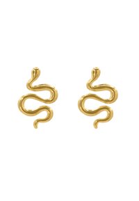 Orecchini d'oro a forma di serpente con una finitura liscia e lucida e curve fluide. Ogni orecchino presenta un design sinuoso distintivo.