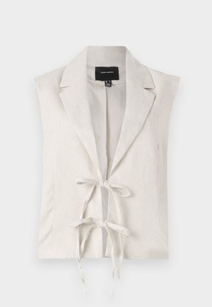 Sleeveless cream vest with a textured finish, featuring a notched collar and front tie closure. Made from lightweight material.