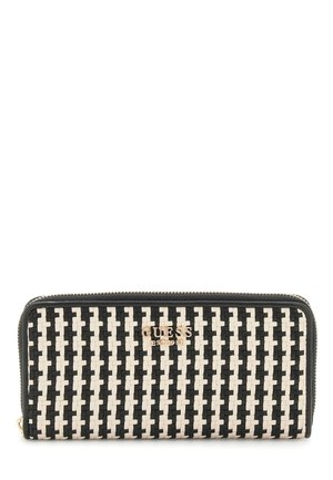 Portefeuille tissé en noir et crème, avec une fermeture zippée et un accent logo doré. Surface texturée avec des motifs carrés alternés.