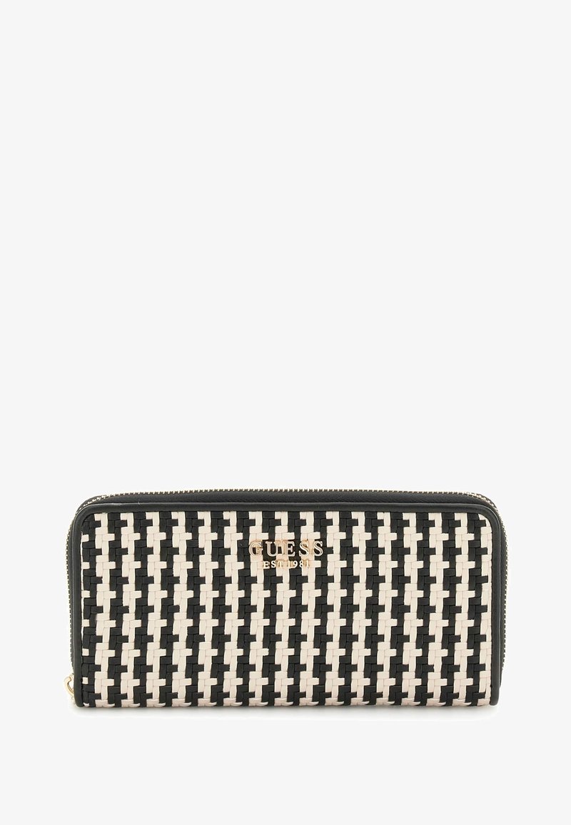 Tkaná peněženka v černé a krémové barvě, s uzávěrem na zip a zlatým logem jako akcentem. Texturovaný povrch s střídajícími se čtvercovými vzory.