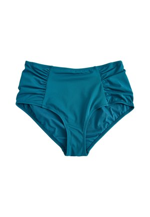 Bas de bikini taille haute en teal avec détail froncé sur les côtés, texture lisse et ceinture élastique. Conçu pour le confort et la couverture.