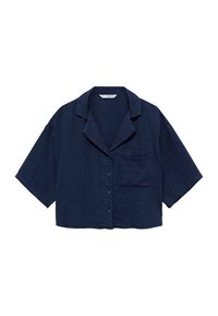 Navy blue short-sleeve shirt made from lightweight fabric, featuring a notched collar, button front, and a single chest pocket.