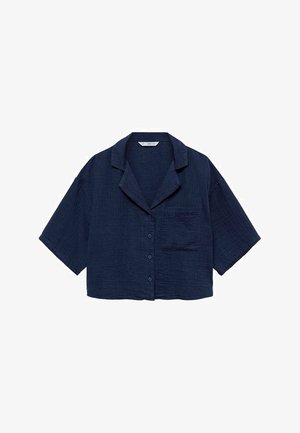 Marineblauw shirt met korte mouwen van lichtgewicht stof, met een notch-kraag, knopen aan de voorkant en een enkele borstzak.