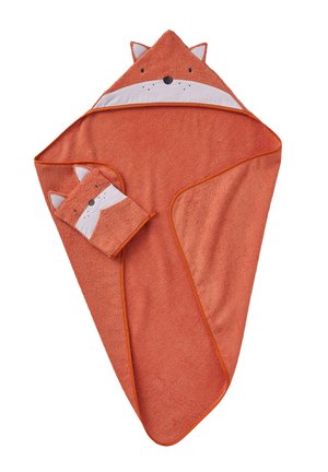 Children's hooded towel and matching mitt in orange with fox face, ears, and white snout details on hood and mitt.
