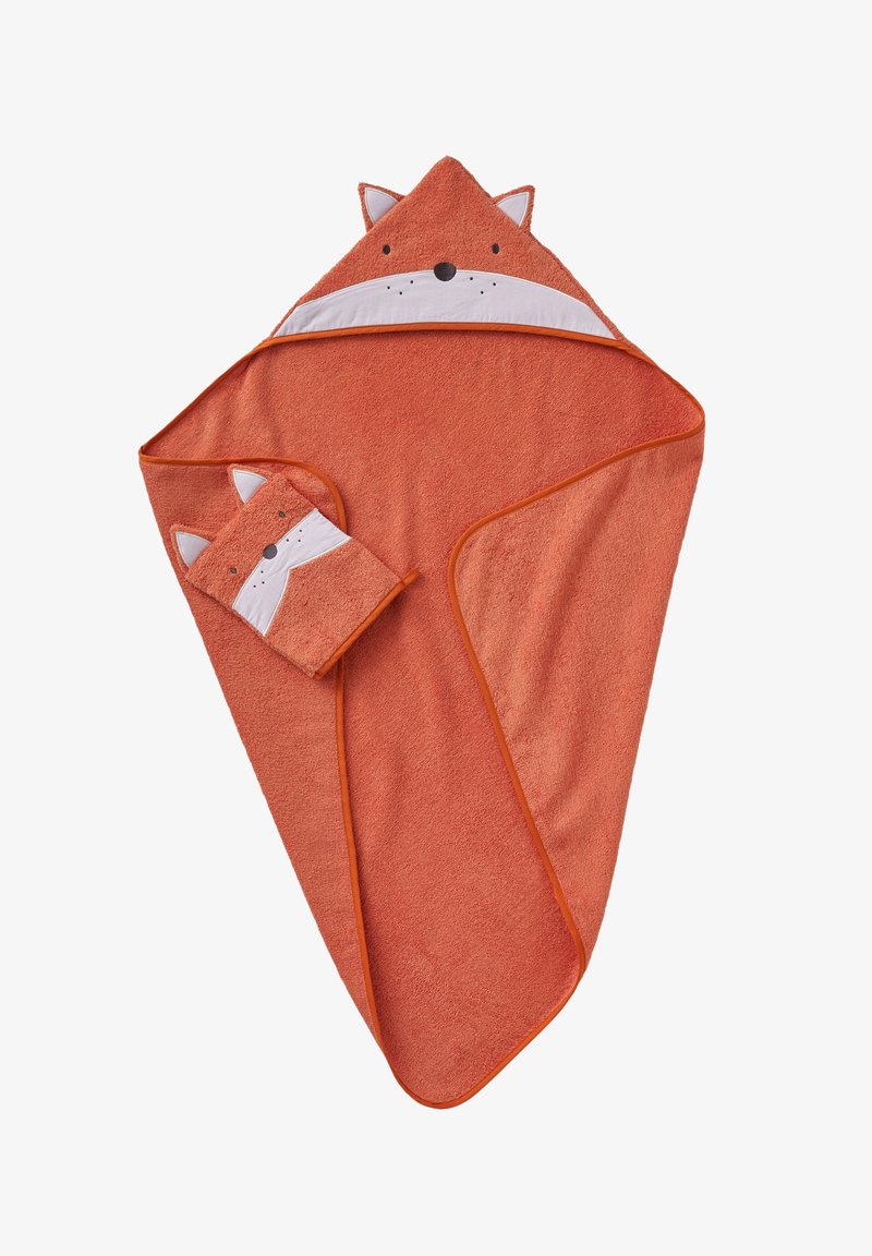 Children's hooded towel and matching mitt in orange with fox face, ears, and white snout details on hood and mitt.