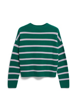 Grüner gestreifter Pullover mit horizontalen hellgrauen Streifen, geripptem Textur, Rundhalsausschnitt und cropped Länge. Weiches Strickmaterial.