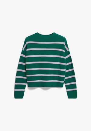 Groen gestreepte trui met horizontale lichtgrijze strepen, geribbelde structuur, ronde hals en cropped lengte. Zacht gebreid materiaal.