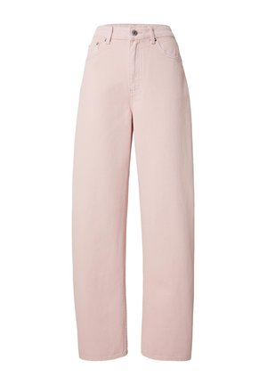 High-waist straight-leg light pink jeans with front button and zip closure, belt loops, and side and back pockets.