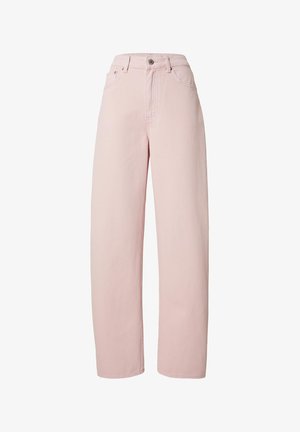 High-waist straight-leg light pink jeans with front button and zip closure, belt loops, and side and back pockets.