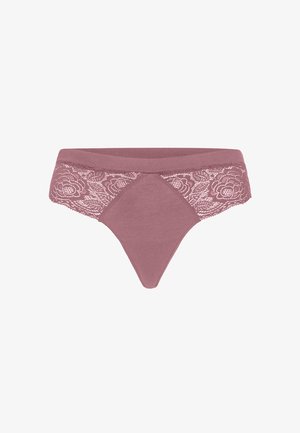 Roze kant en katoen thong met bloemenkant accenten en een gladde band. Heeft een driehoekige vorm met een smalle achterkant.