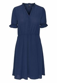 Mörkblå klänning med knappfront, volangkrage och korta uppvikta ärmar. Tillverkad av lätt tyg med åtsittande midja och utsvängd kjol.