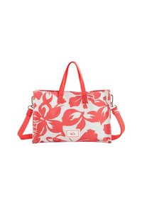 Sac fourre-tout floral corail et blanc avec double poignées et bandoulière réglable ; possède une texture lisse et un patch logo à l'avant.