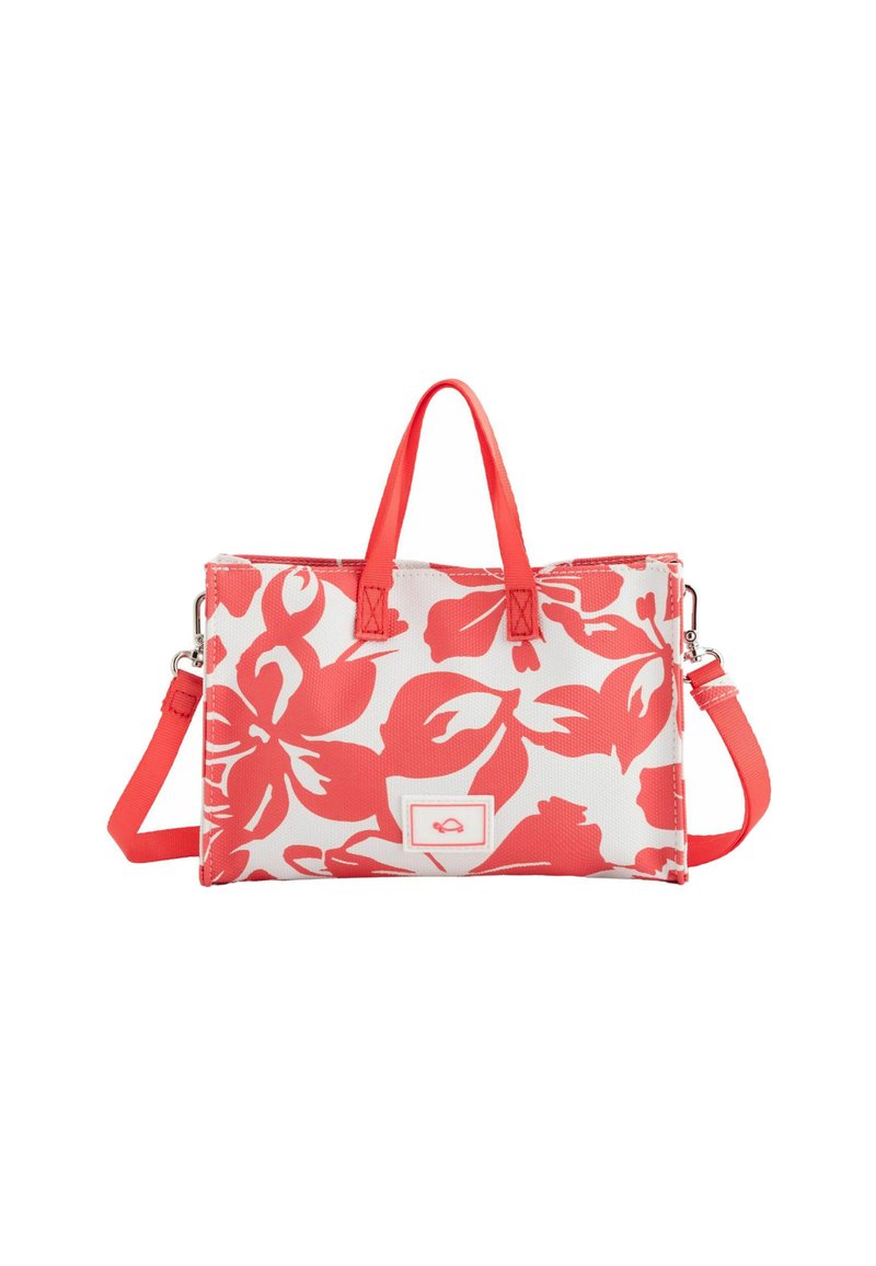 Sac fourre-tout floral corail et blanc avec double poignées et bandoulière réglable ; possède une texture lisse et un patch logo à l'avant.