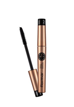 Mascara-Röhre und Applikator in metallischem Roségold, beschriftet mit "flormar triple action mascara" und den Funktionen "3 in 1": Wimpernkrümmung, Verlängerung, Volumen.