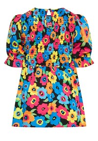 Lyhyt värikäs mekko, jossa on puffi hihat, kootut tissit ja kirkas kukkakuosi sinisessä, vaaleanpunaisessa, oranssissa, keltaisessa ja vihreässä mustalla taustalla.