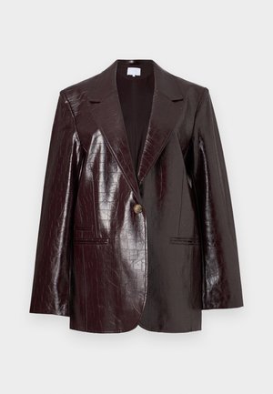 Dark burgundy faux leather blazer with a crocodile texture, single button closure, notched lapels, and two front pockets.