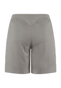 Shorts de sport gris avec une texture lisse, ceinture élastique et un design simple. Pas de poches ni de marquage visible à l'arrière.