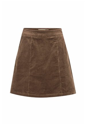 Jupe en velours côtelé marron avec un design évasé, présentant une texture à côtes verticales et une ceinture. Longueur mi-cuisses. Pas de matériel visible.