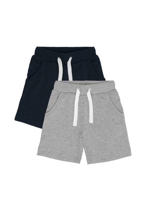 Zwei Paare lässiger Shorts mit weißen Kordeln, eine in hellgrau vorne und eine in dunkelblau hinten, beide mit Vorderentaschen ausgestattet.