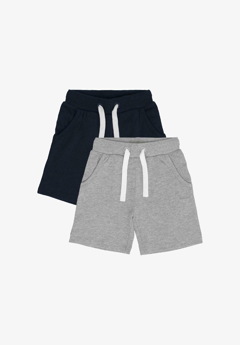 Deux paires de shorts décontractés avec des cordons blancs, l'une gris clair à l'avant et l'autre bleu marine foncé à l'arrière, toutes deux dotées de poches avant.