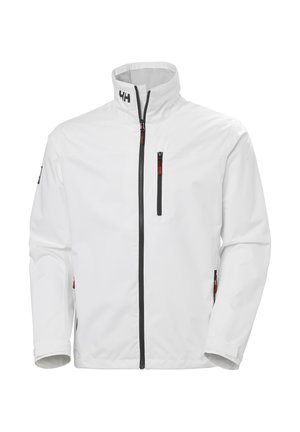 Giacca bianca con chiusura a zip, collo alto, dettagli della zip neri e rossi e logo sul collo e sulla manica.