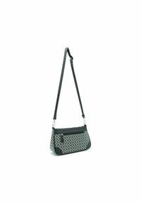 Borsa a tracolla nera e grigia con motivo geometrico, corpo testurizzato, bordo superiore liscio e tracolla regolabile con dettagli in metallo.