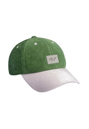 Green corduroy baseball cap with a white curved brim and a rectangular beige logo patch on the front.