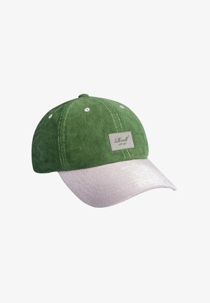 Green corduroy baseball cap with a white curved brim and a rectangular beige logo patch on the front.