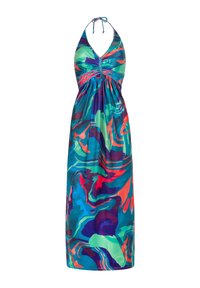 Bunt gemustertes Halfterkleid aus leichtem Stoff, das ein wirbelndes abstraktes Muster in Blau-, Grün-, Rot- und Lilatönen zeigt. Mit einer Bindung am Hals.