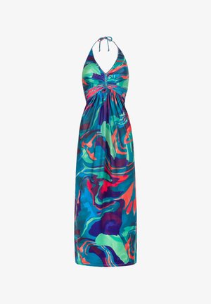 Kleurrijke halterjurk van lichtgewicht stof, met een draaiend abstract patroon in blauw, groen, rood en paarse tinten. Vastgemaakt met een strik in de nek.