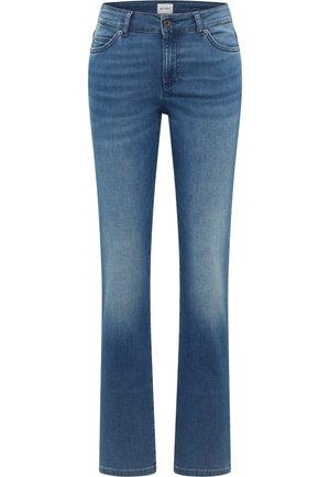 Blue high-waist straight-leg jeans with front and back pockets, button closure, and subtle faded detailing on thighs and knees.