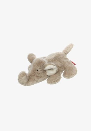 Plush elephant toy in light beige fur, featuring a rounded body, small ears, and a curled trunk. Soft texture and simple black eyes.