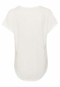 Witte katoenen top met korte mouwen, een ronde hals en verfijnde broderie langs verticale strepen. Soepele textuur, casual ontwerp.